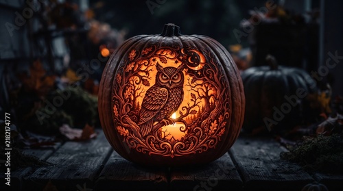 An intricately carved pumpkin displays a detailed owl surrounded by swirling vines, illuminated from within. The design features notable detail in the owl’s feathers and eyes.