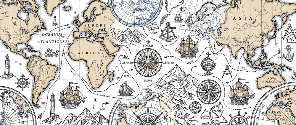 Fototapeta premium Vintage World Map with Sailing Ships and Compass Rose