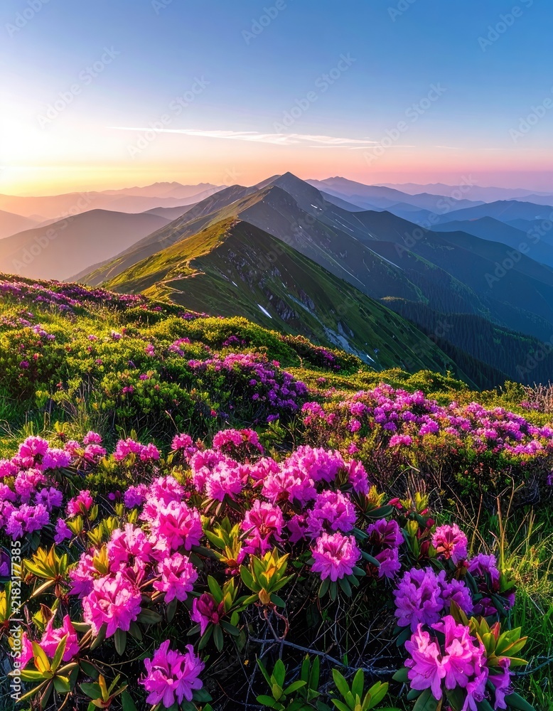 Obraz premium A stunning mountain range bathed in the soft light of sunrise, with vibrant pink rhododendrons in the foreground.