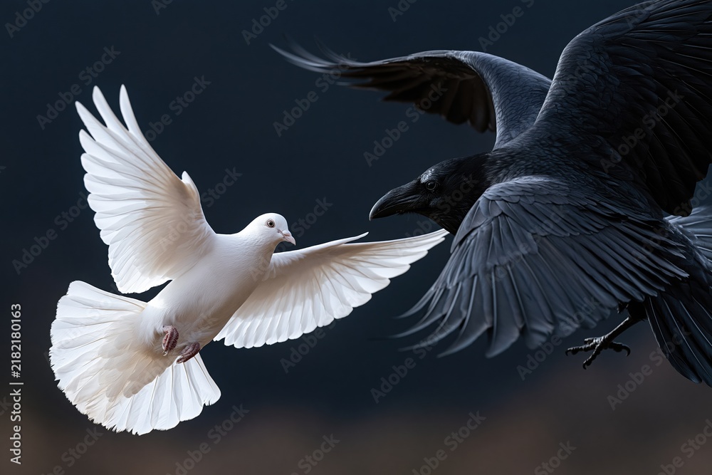 Obraz premium Symbolic Contrast: Majestic White Dove in Flight Confronts a Dark Raven Against a Moody Sky