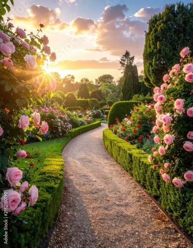 A picturesque garden path winds through blooming roses at sunset.