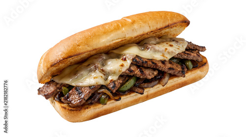 Foto Philly cheesesteak sandwich with melted provolone cheese, grilled steak hoagie w