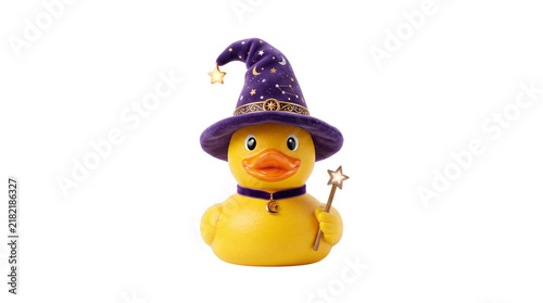 Yellow rubber duck wizard toy wearing a purple witch hat and holding a magic wand