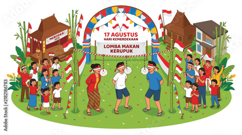 Indonesian Independence Day cracker eating contest celebration.