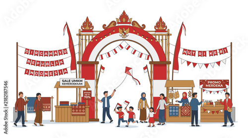 Indonesian independence day festival with traditional market stalls.