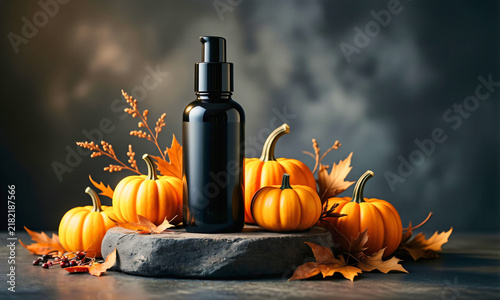 Elegant black cosmetic bottle on dark stone pedestal surrounded by miniature pumpkins and subtle dried autumn foliage  Generative AI