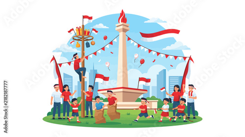 Indonesian Independence Day festivities at city monument with children.