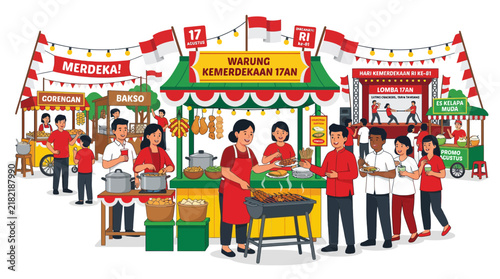 Indonesian independence day food bazaar with outdoor cooking.