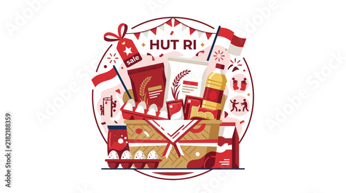 Indonesian Independence Day gift basket illustration with national flags.