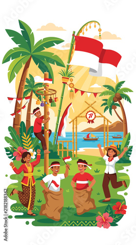 Indonesian independence day games with sack race and palms.