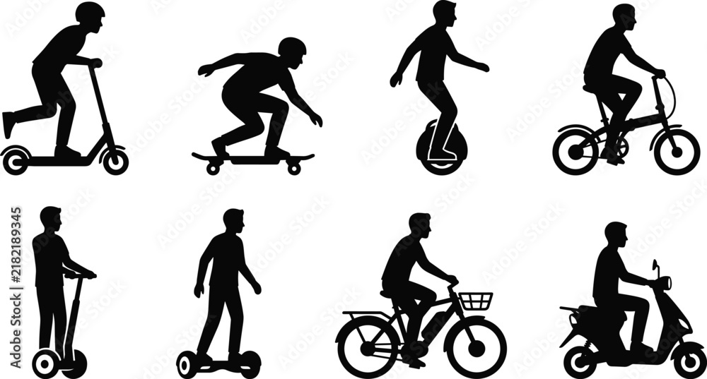 Obraz premium Silhouette icons of personal transportation, including scooter, skateboard, unicycle, bicycle, hoverboard, and motor scooter designs