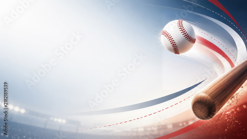 Dynamic baseball presentation graphic featuring a flying ball and wooden bat surrounded by sweeping red, white, and blue motion trails inside a brightly lit stadium.