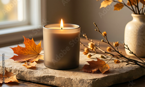 Minimalist unbranded scented candle in an elegant matte container placed on a natural stone surface with dried autumn leaves  with soft evening sunlight  Generative AI