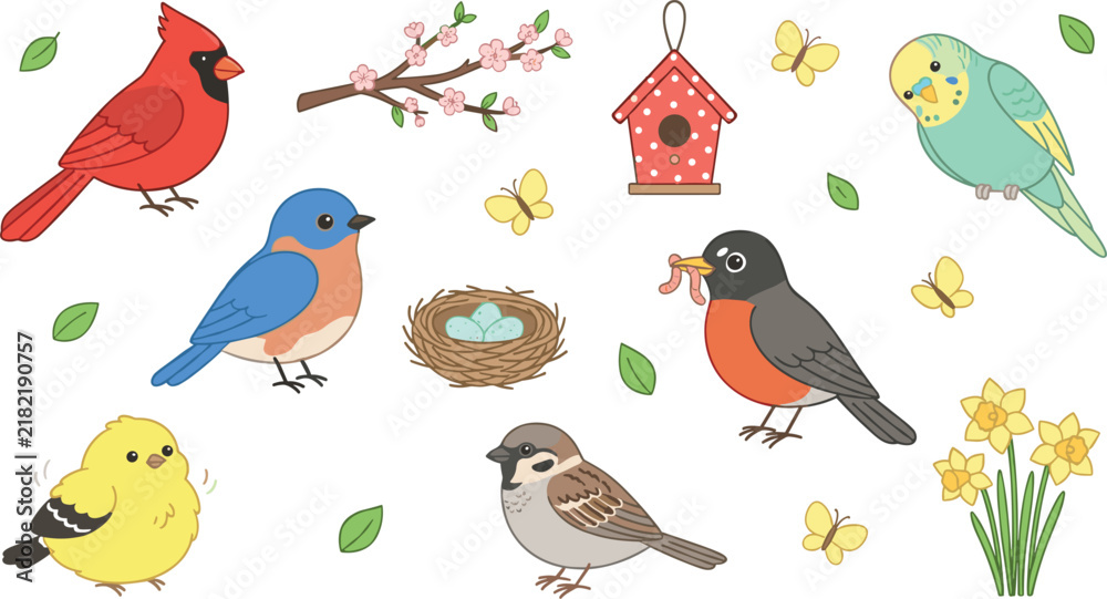 Obraz premium Cute Garden Birds Vector Set with Cardinal Bluebird Robin Goldfinch Sparrow Parakeet and Nest Symbols for Spring Pattern Designs and Greeting Cards