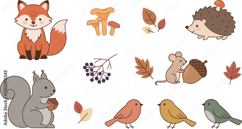 Obraz premium Cute Autumn Forest Animals Vector Set with Fox, Squirrel, Hedgehog, Birds, and Fall Leaves for Creative Stickers, Patterns, and Children Designs