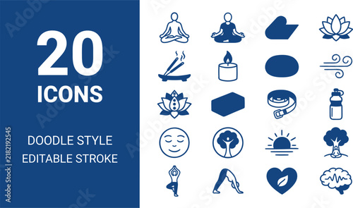Set of twenty blue yoga and meditation icons featuring various poses symbols and wellness elements for spiritual practice