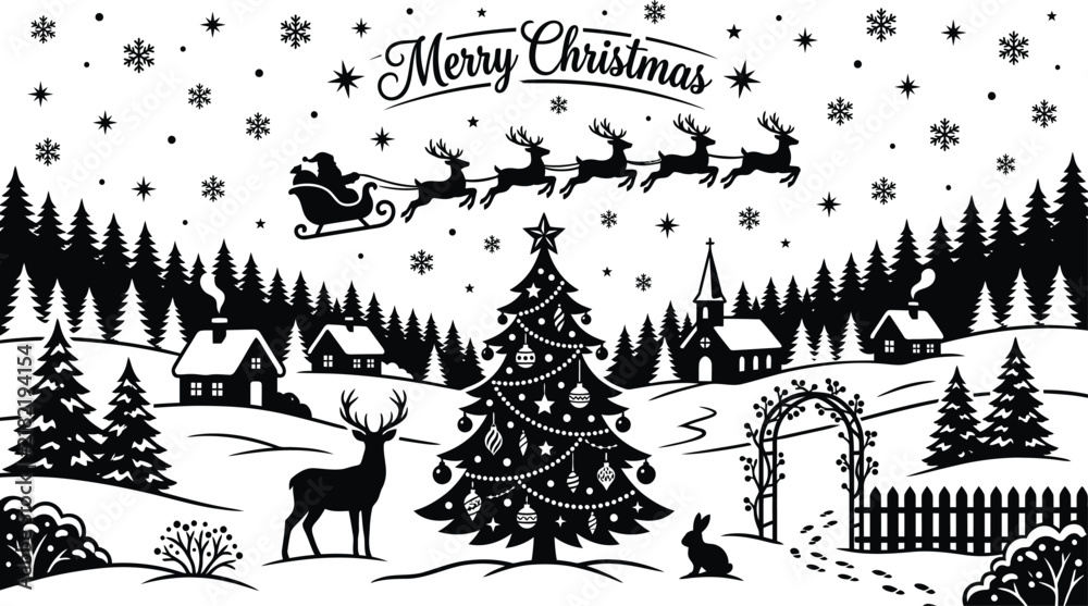 Fototapeta premium A winter scene with santa claus reindeer and a christmas tree is depicted in a black silhouette style