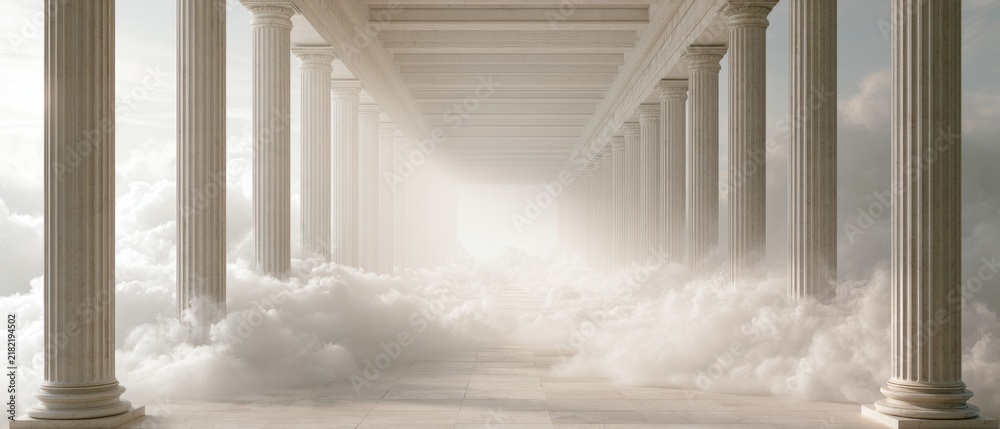 Obraz premium Majestic White Classical Columns Rising Above Soft Clouds, Heavenly Architecture and Spiritual Afterlife Concept