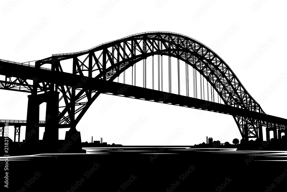 Fototapeta premium Large arch bridge spanning waterway with industrial silhouette background with across body water