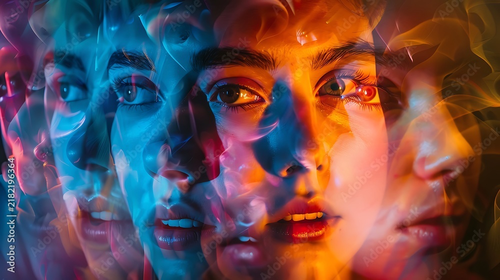 Obraz premium Surreal portrait of a young woman with vibrant colors and multiple exposures creating a dreamy effect.