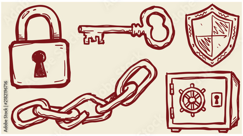 Vintage hand drawn security icons including padlock key chain safe shield with security protection illustration treasure mechanism confidential strongbox hardware monochrome