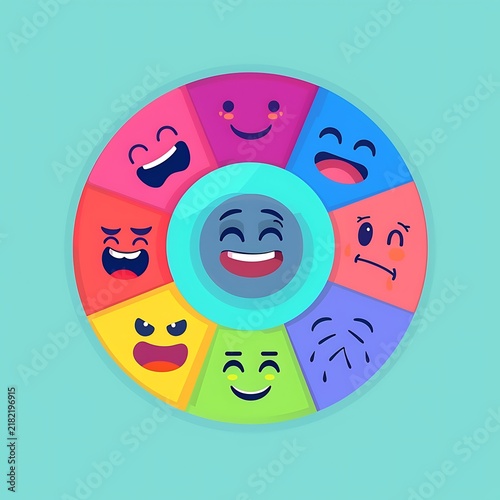 Colorful wheel of emotions featuring various cartoon faces expressing different feelings and moods in a vibrant design.