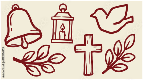 Red hand drawn religious icons set including church bell lantern dove cross and olive branches with red color spirituality vintage style illustration christian religion monochrome