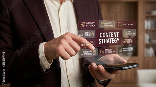 Man interacting with a smartphone displaying content strategy concepts