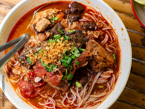 Canvastavla Khanom Jeen Nam Ngiao Northern Thai Fermented Rice Noodles in Spicy Pork Blood B