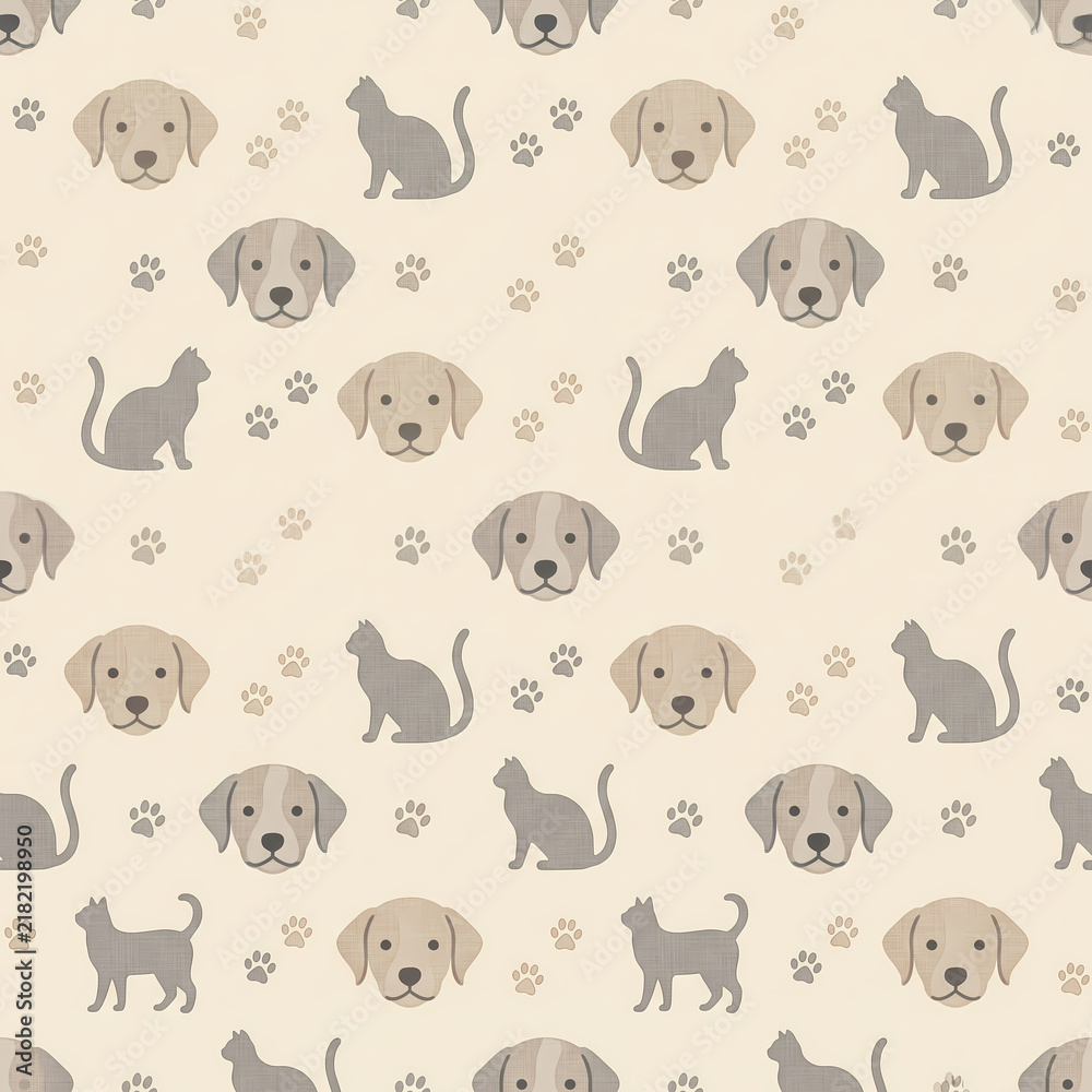 Fototapeta premium Minimalist puppy and cat silhouettes with paw prints on oatmeal cream seamless pattern background for pet care