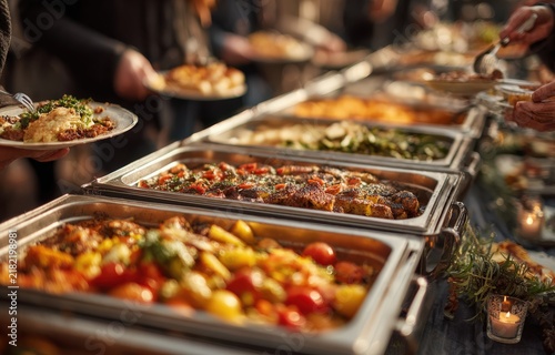 Buffet table filled with various dishes including roasted vegetables, meats, and salads, with guests serving themselves in a warm, inviting setting