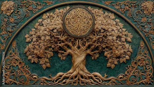 Intricate wooden relief carving of a tree with sprawling branches and roots, featuring a circular emblem above, set against a textured teal background