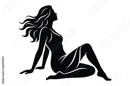 Graceful woman silhouette sitting on the ground with graceful feminine lifestyle