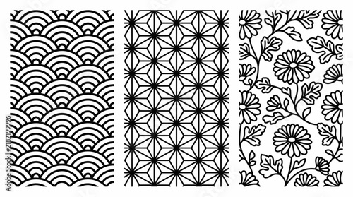 Traditional Japanese vector pattern panels with seigaiha waves geometric asanoha and floral chrysanthemum motifs