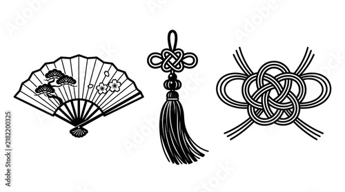 Vector graphic set of traditional oriental folding fan tassel and decorative knot outlines
