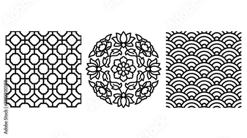Traditional oriental patterns vector set with geometric lattice, floral medallion, and Japanese wave motif for decorative design