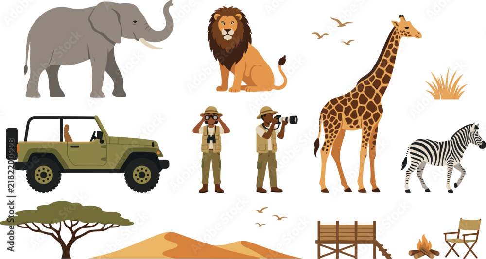 Obraz premium African Safari Wildlife and Adventure Tourism Flat Vector Icon Set with Animals and Explorer Characters