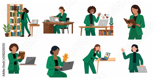 Set of diverse businesswomen in green suits working on laptops, attending video calls, and reading in a home office environment, flat vector illustration.
