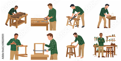 Set of Professional Woodworker Characters in Workshop Making Furniture, Carpenter Man Working with Wood Tools Flat Vector Illustration Isolated on White Background
