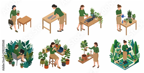 Isometric Illustration of a Woman Working in a Biophilic Office Environment Surrounded by Lush Houseplants