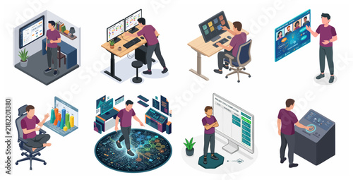 Isometric Set of Business Professional and Developer Scenes for Agile Management and Data Analysis