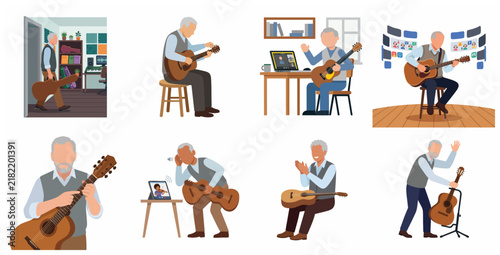 Senior man learning and playing acoustic guitar through online video lessons and virtual classes at home, flat vector illustration character set