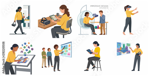 Immersive design and virtual reality concept set featuring people using VR headsets and interactive tools for creative work in flat vector style