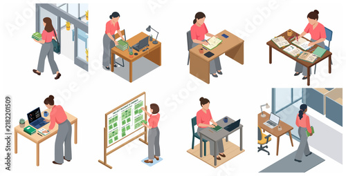 Set of isometric business woman characters working in office, studying with books, using laptop, and planning project on roadmap board