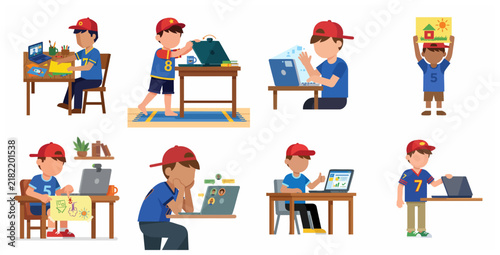 Set of illustrations showing a young boy engaged in online learning, virtual classes, and creative home schooling activities using a laptop