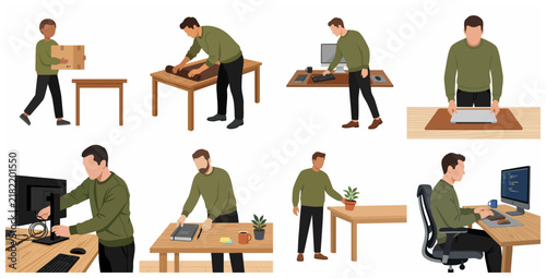 Set of flat vector illustrations of a man working in an office, coding, organizing a desk, and setting up computer equipment