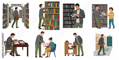 Vector illustration set of people in a library researching, reading books, and studying in a modern academic environment.