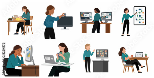 Set of Flat Vector Illustrations of Professional Women Working Remotely, Attending Video Meetings, and Managing Office Tasks