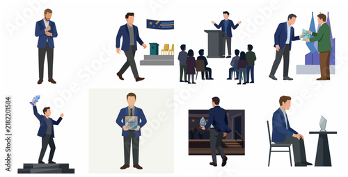 Set of Professional Businessman Illustrations Celebrating Success, Receiving Awards, and Giving Speeches in Formal Suit