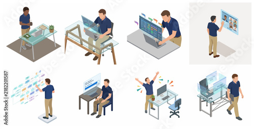 Set of isometric business characters working with futuristic holographic interfaces in a modern office environment.